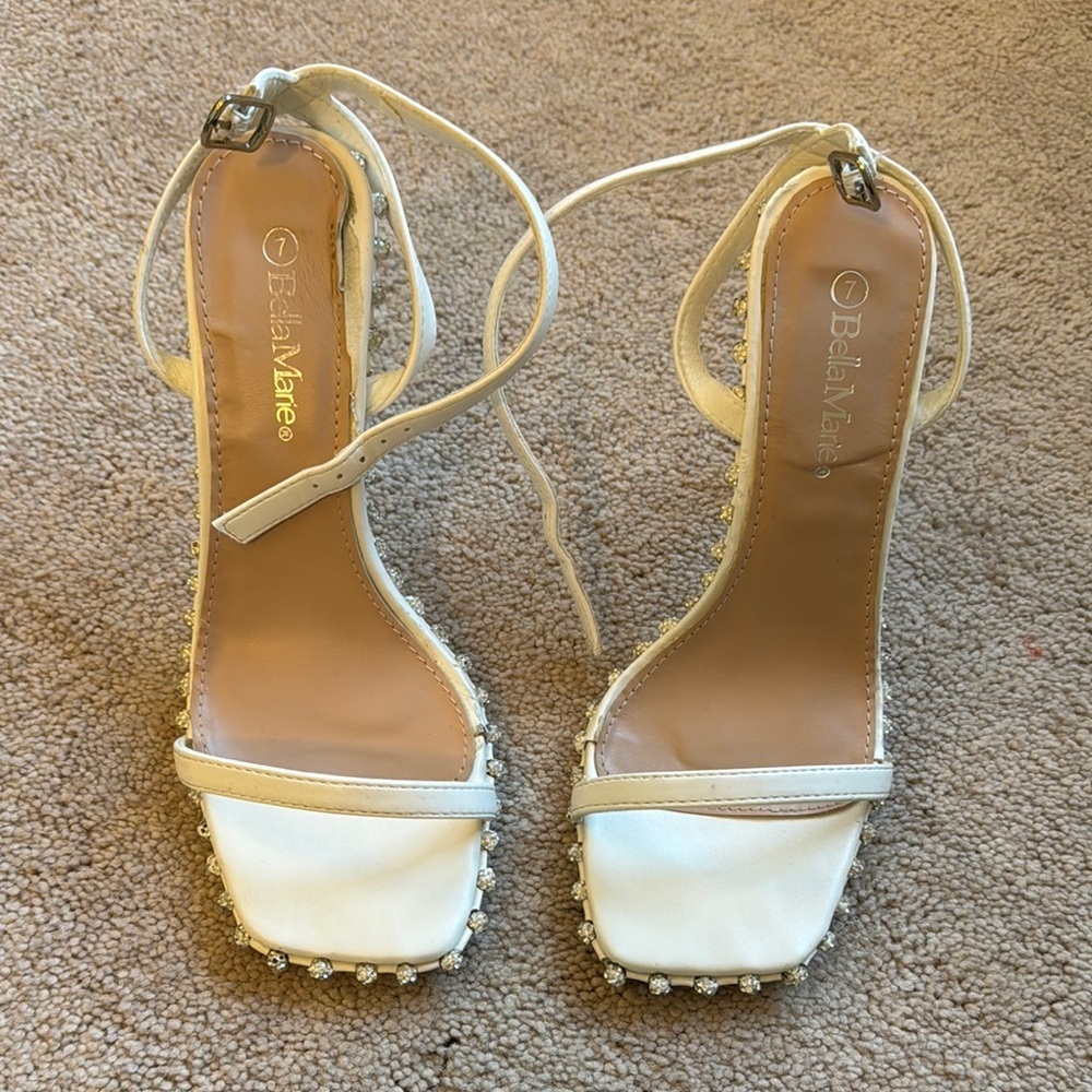 Bella Marie White Ankle Strap Rhinestone Heels